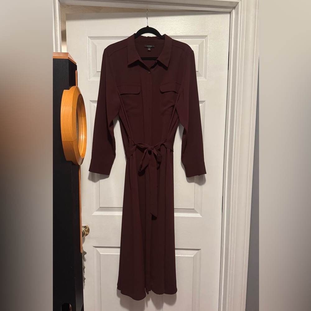Burgundy long button up dress with long sleeves